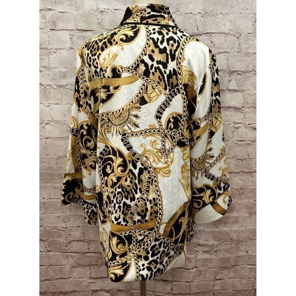 Chico’s M Reversible Kimono Jacket Open Front Black White Gold Filigree Cheetah - Picture 3 of 5